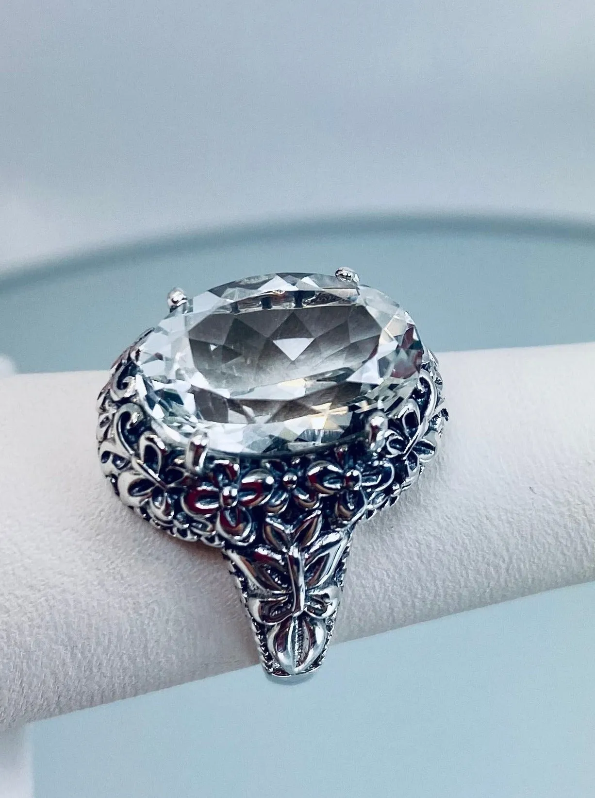 White CZ or Topaz Butterfly Ring, Natural or Simulated Oval Gemstone, Art Nouveau Vintage Ring, D79