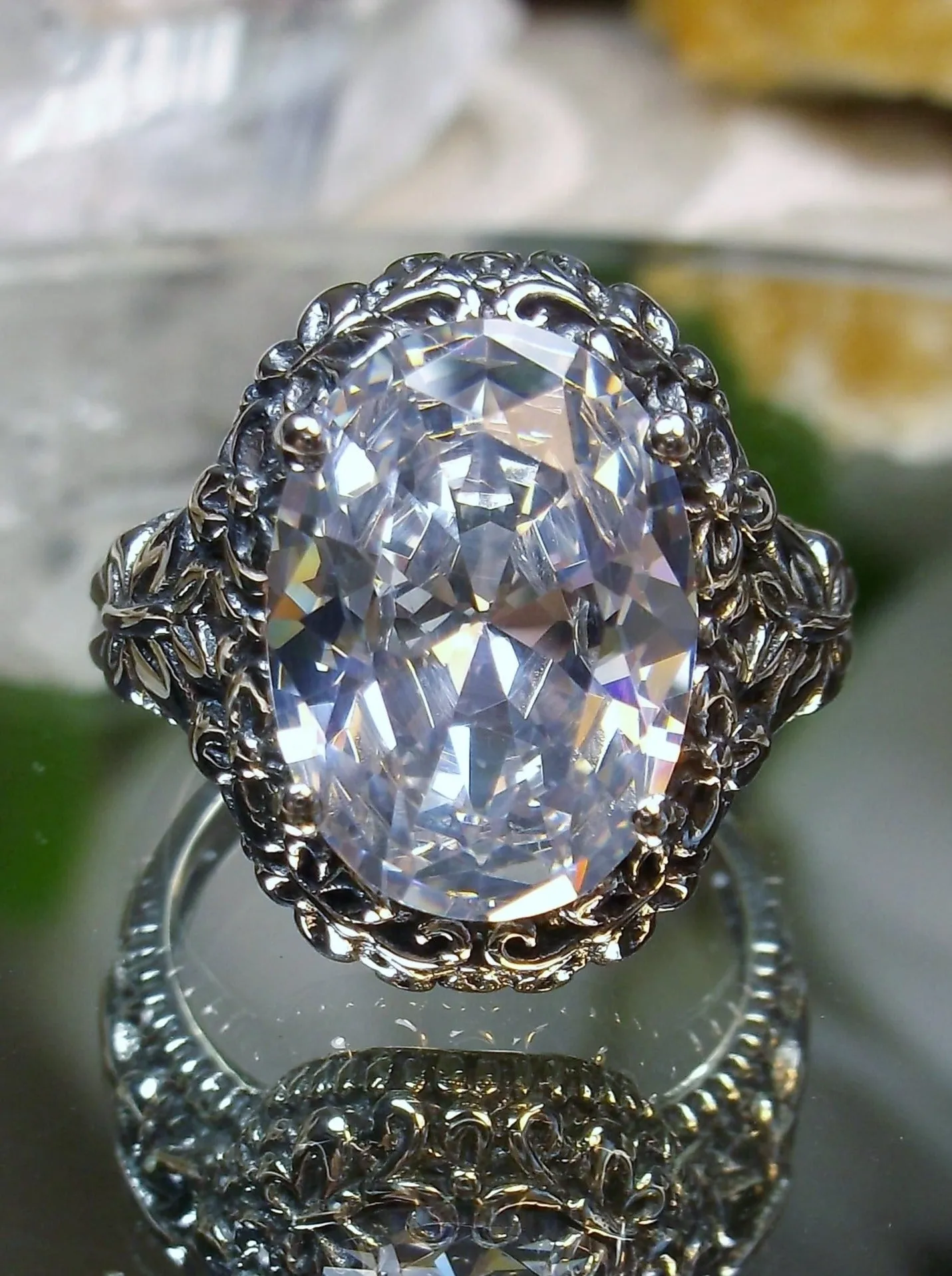 White CZ or Topaz Butterfly Ring, Natural or Simulated Oval Gemstone, Art Nouveau Vintage Ring, D79