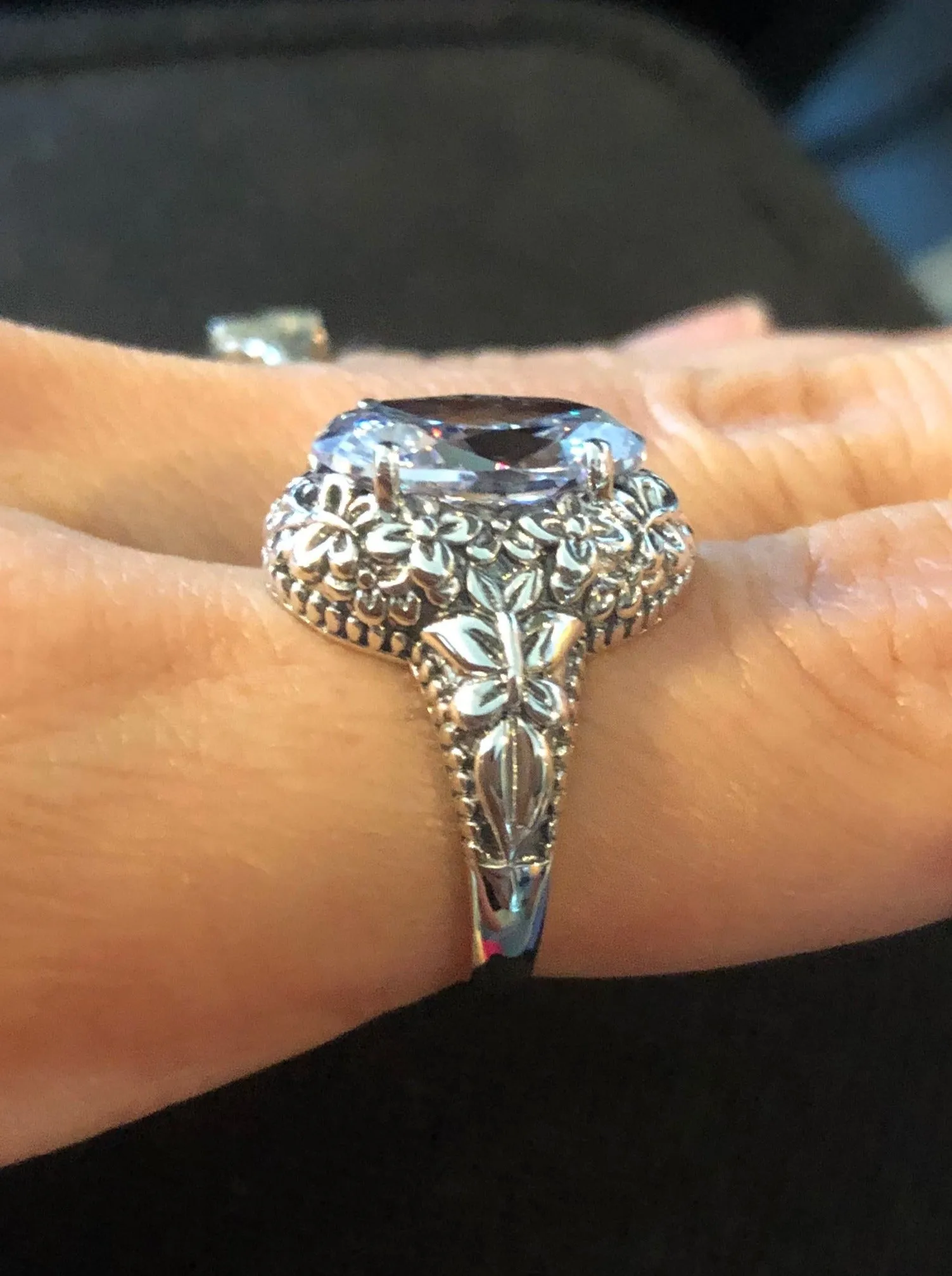 White CZ or Topaz Butterfly Ring, Natural or Simulated Oval Gemstone, Art Nouveau Vintage Ring, D79