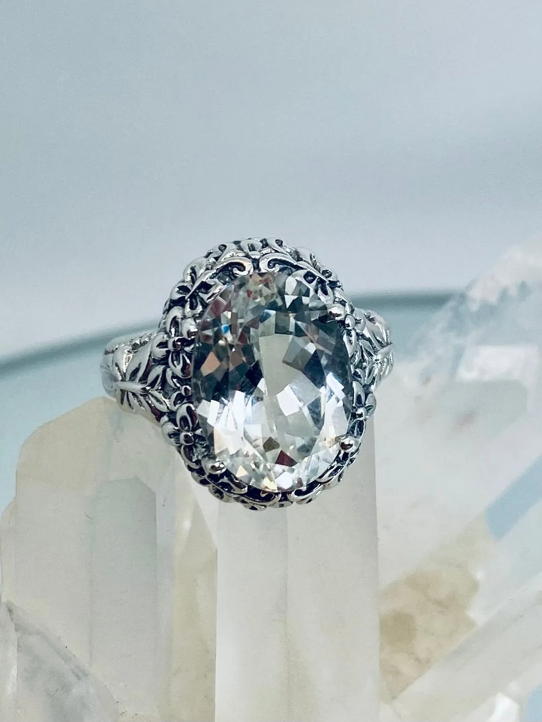 White CZ or Topaz Butterfly Ring, Natural or Simulated Oval Gemstone, Art Nouveau Vintage Ring, D79
