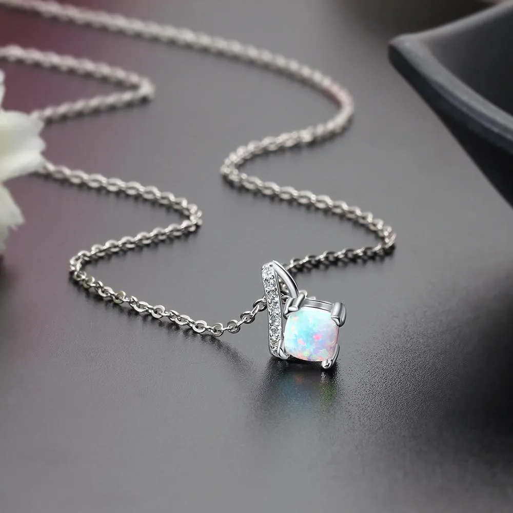 Women 925 Sterling Silver Necklace with Office Lady Style Opal Stone Pendant, Party Jewelry