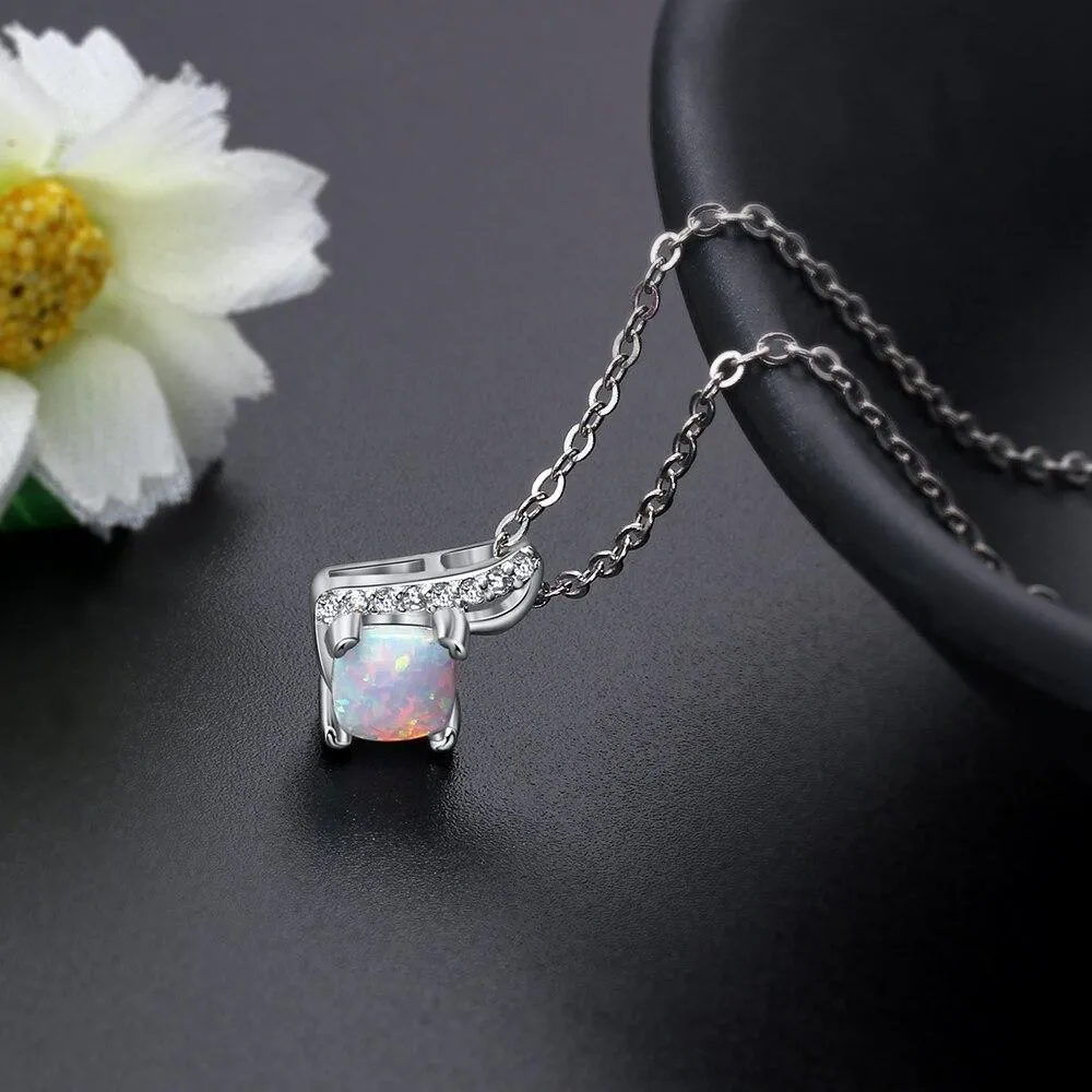 Women 925 Sterling Silver Necklace with Office Lady Style Opal Stone Pendant, Party Jewelry