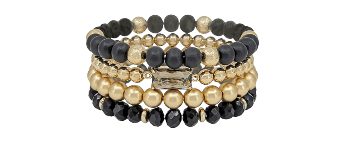 Wood and Crystal Beaded Set of 4 Stretch Bracelets -Black