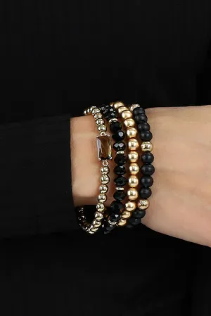 Wood and Crystal Beaded Set of 4 Stretch Bracelets -Black