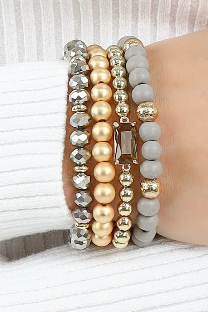 Wood and Crystal Beaded Set of 4 Stretch Bracelets -Black
