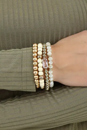 Wood and Crystal Beaded Set of 4 Stretch Bracelets - White
