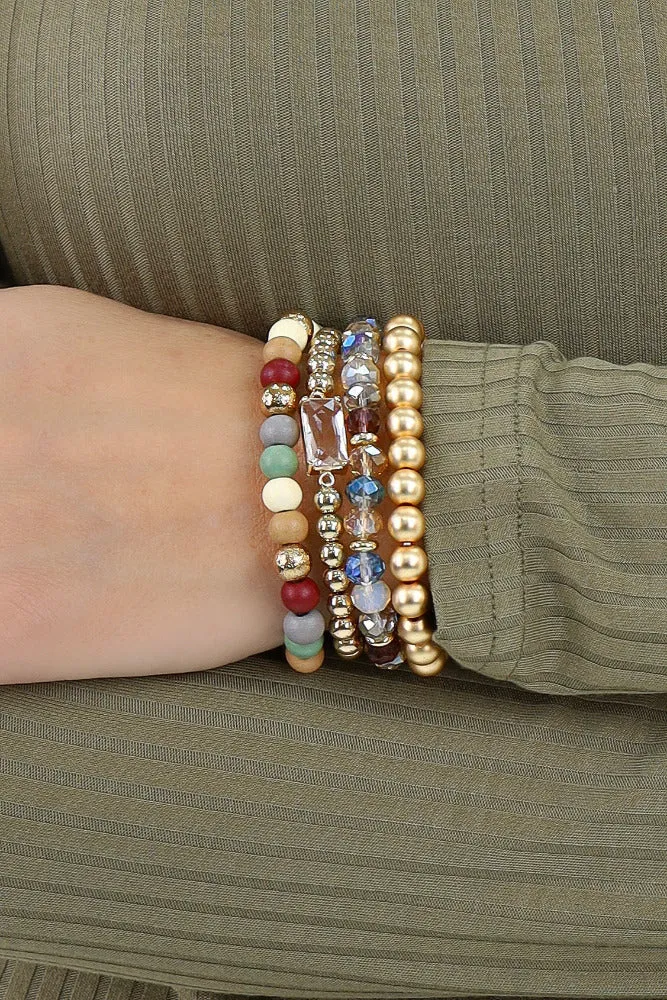Wood and Crystal Beaded Set of 4 Stretch Bracelets - White
