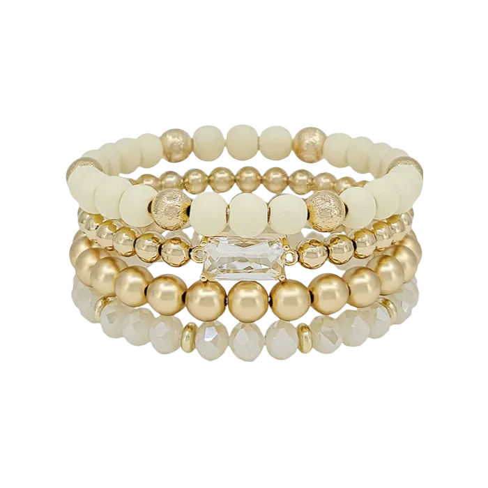 Wood and Crystal Beaded Set of 4 Stretch Bracelets - White