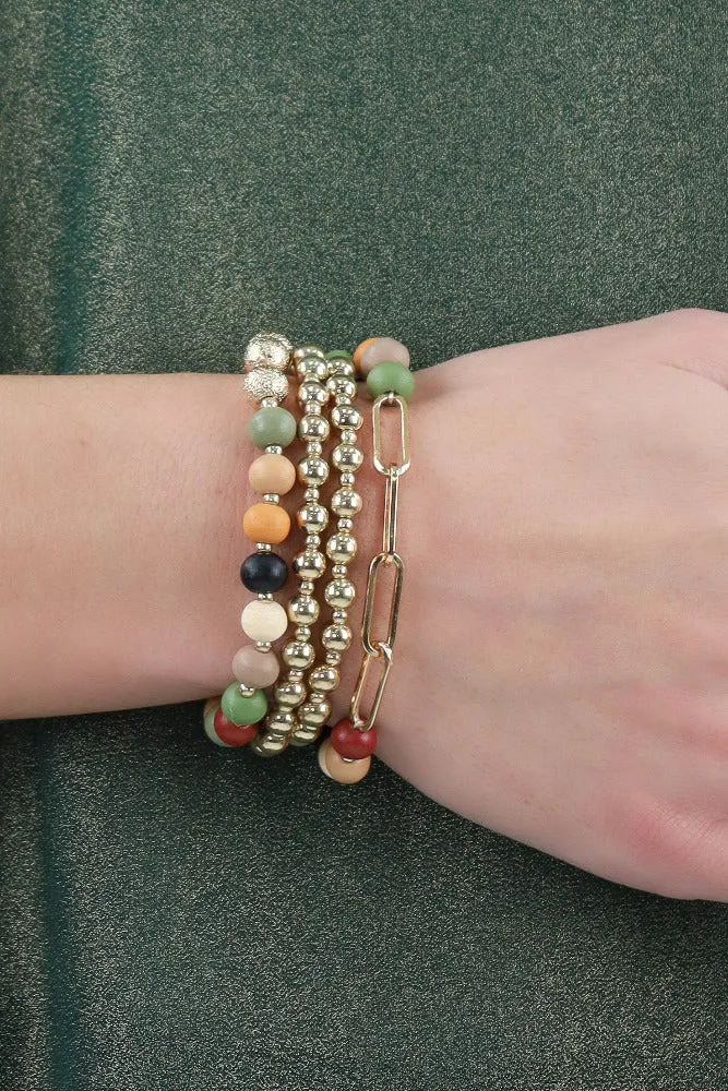 Wood and Gold Chain Set of 4 Stretch Bracelets -Beige