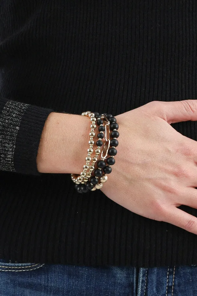 Wood and Gold Chain Set of 4 Stretch Bracelets -Beige