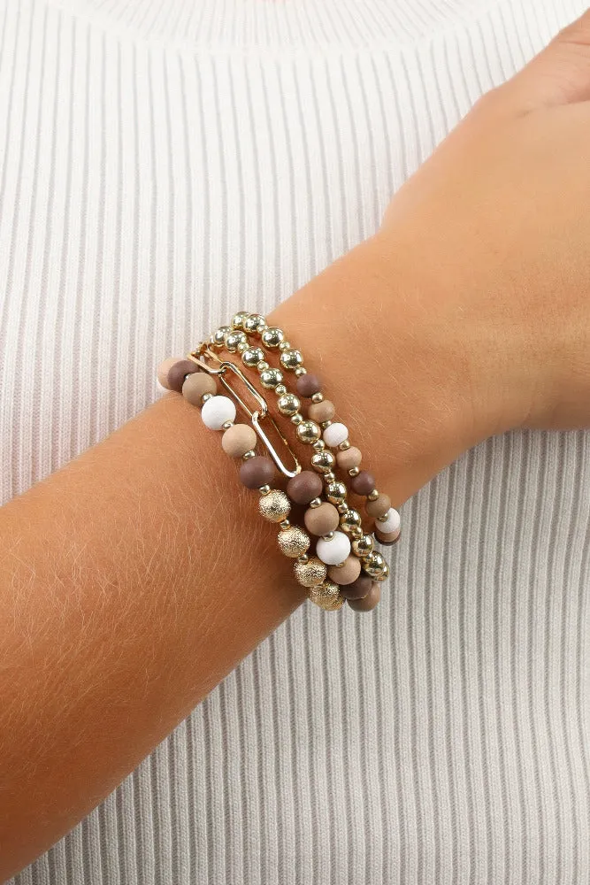 Wood and Gold Chain Set of 4 Stretch Bracelets -Beige