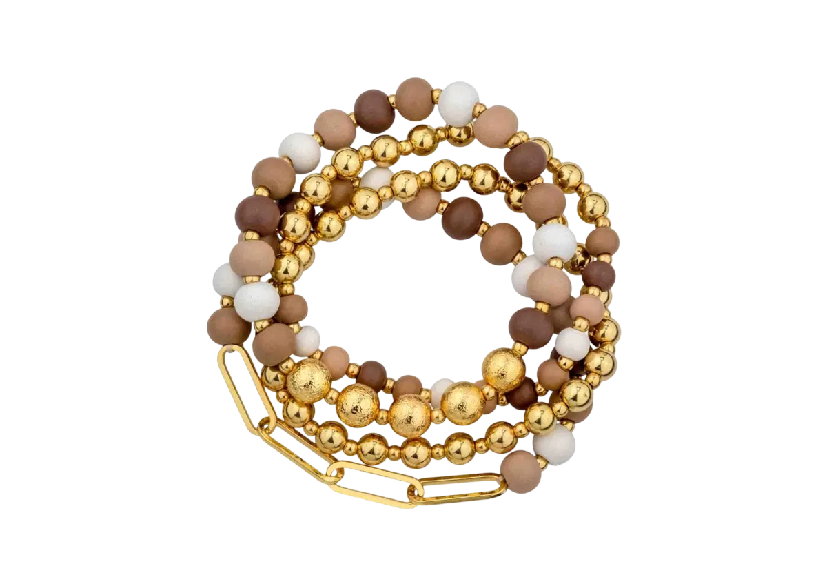 Wood and Gold Chain Set of 4 Stretch Bracelets -Beige