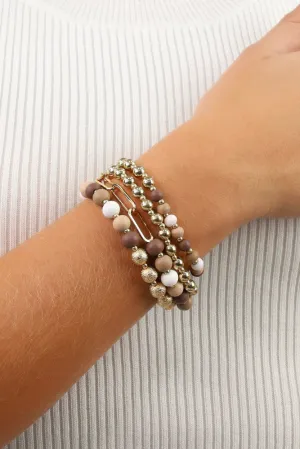 Wood and Gold Chain Set of 4 Stretch Bracelets -Beige