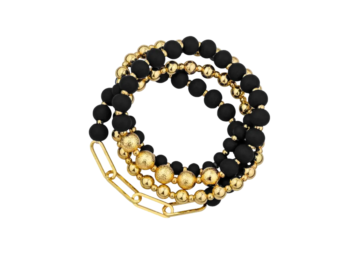 Wood and Gold Chain Set of 4 Stretch Bracelets -Black