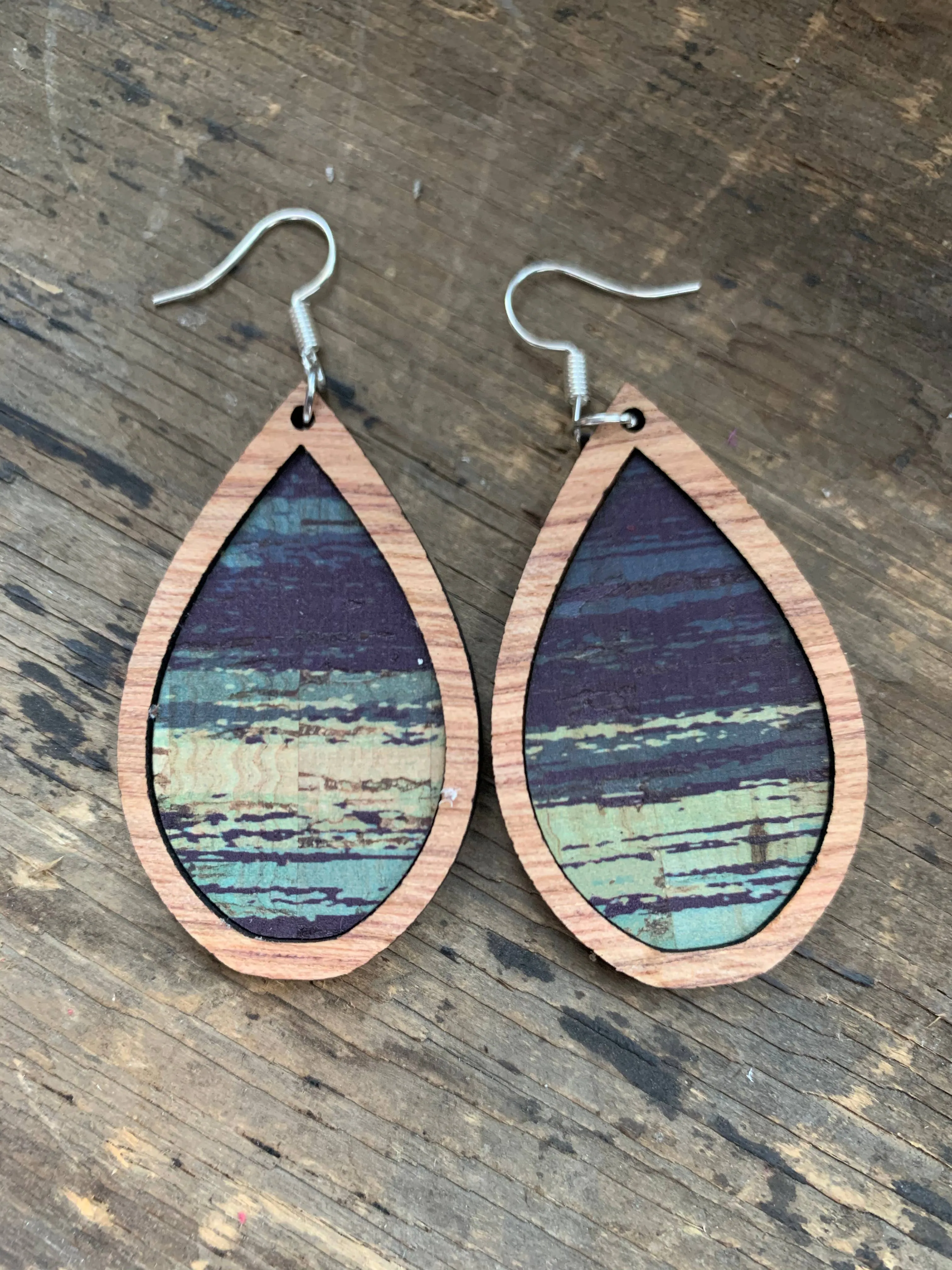 Wood Teardrop Earrings with Blue and Green Brush Strokes - Medium