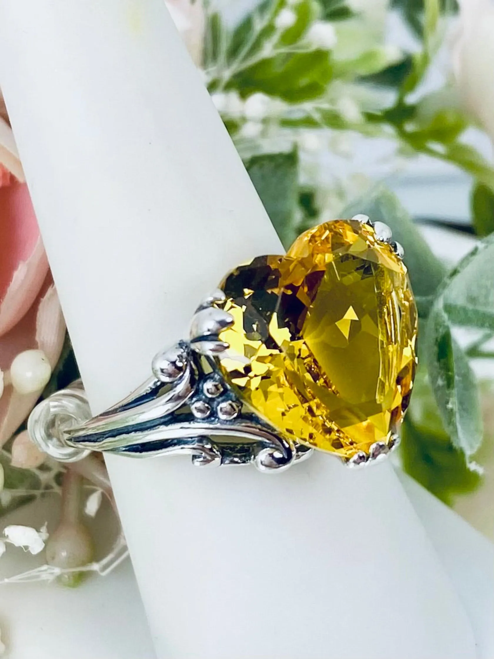 Yellow Heart Ring, Citrine Gem, Art Deco Jewelry #D213