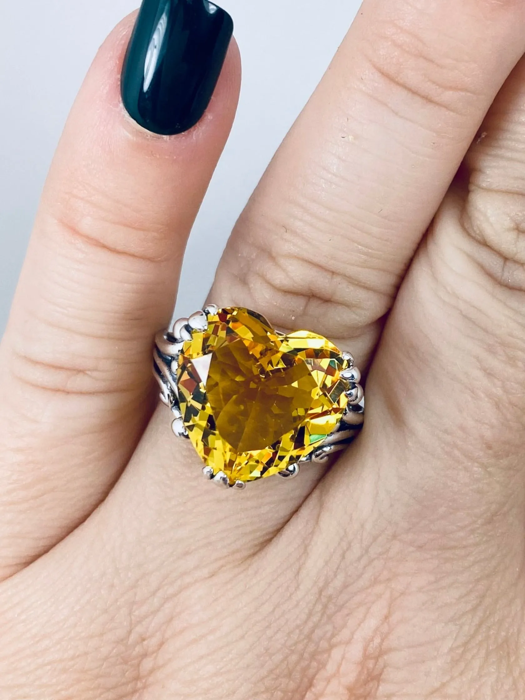 Yellow Heart Ring, Citrine Gem, Art Deco Jewelry #D213