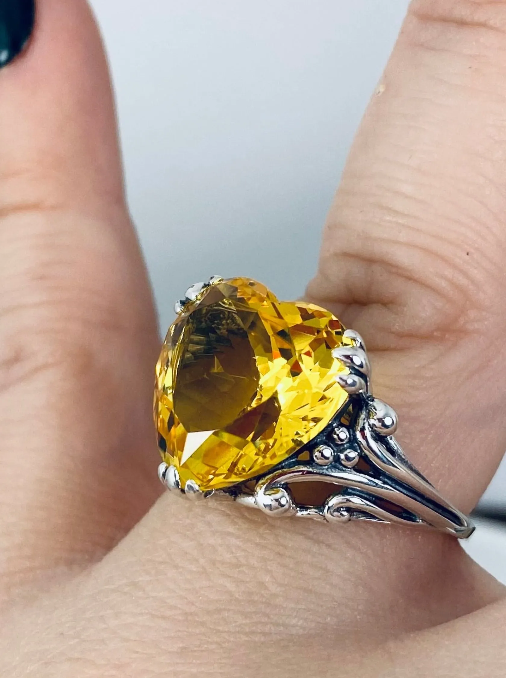 Yellow Heart Ring, Citrine Gem, Art Deco Jewelry #D213
