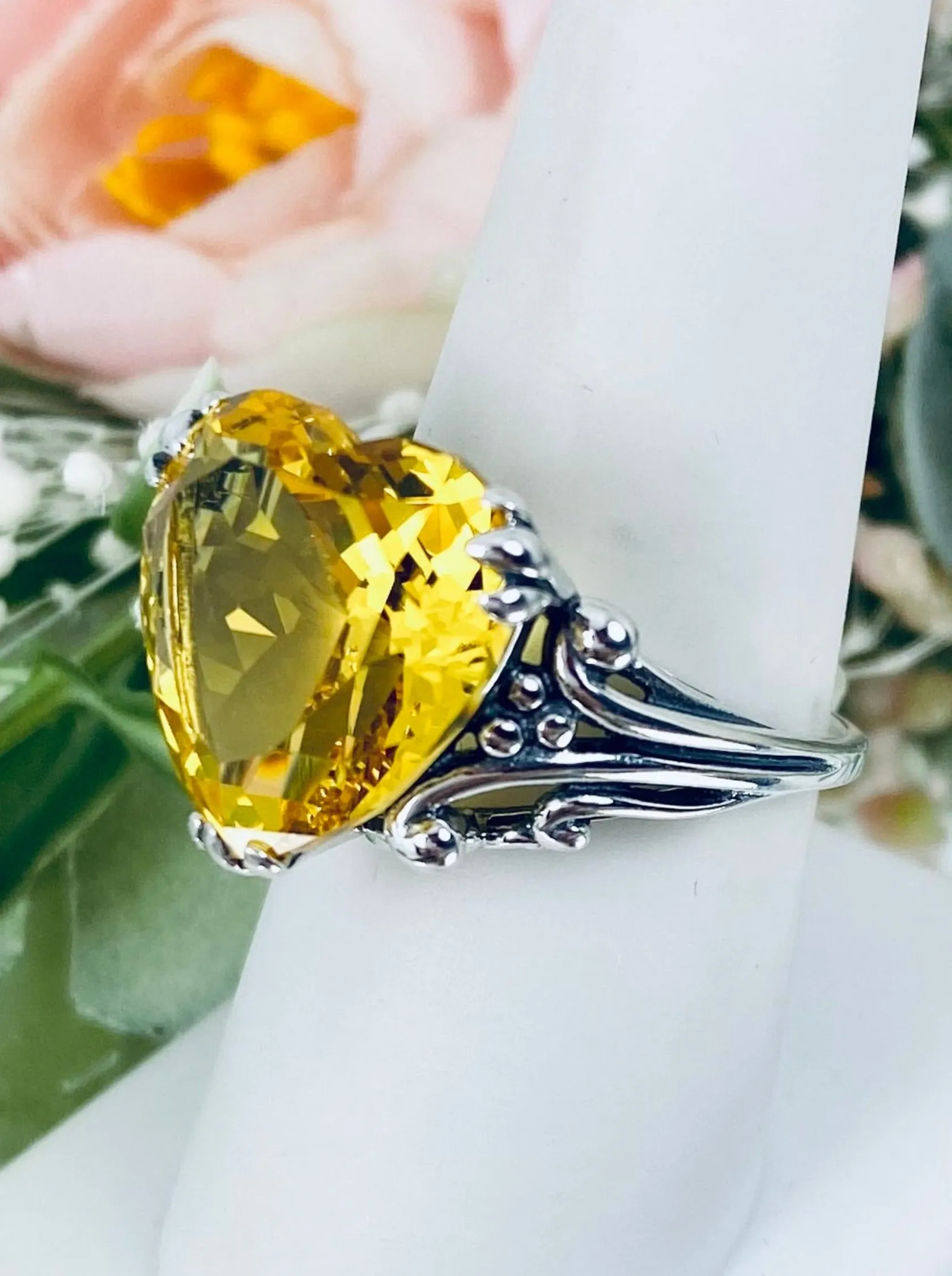 Yellow Heart Ring, Citrine Gem, Art Deco Jewelry #D213