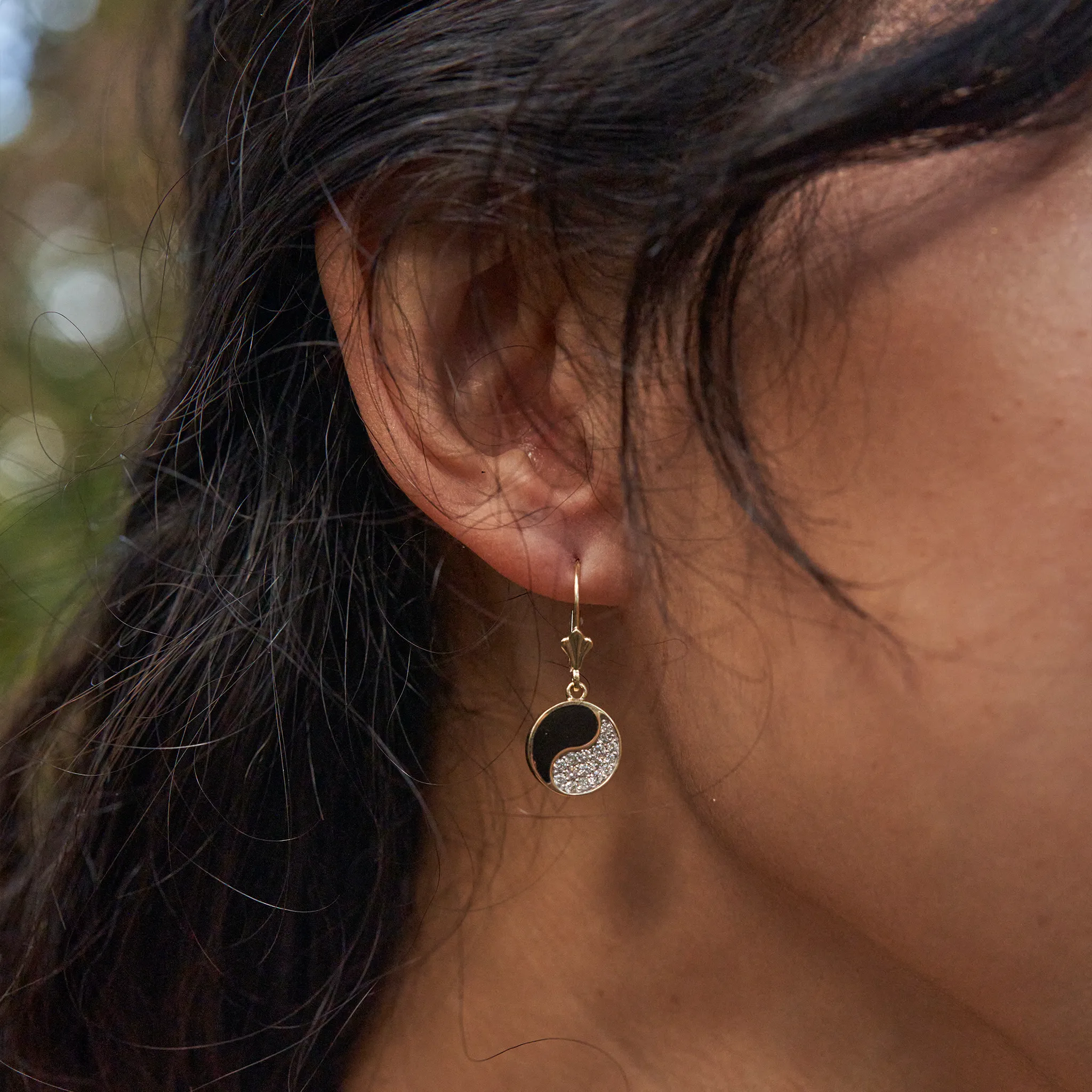 Yin Yang Black Coral Earrings in Gold with Diamonds - 12mm