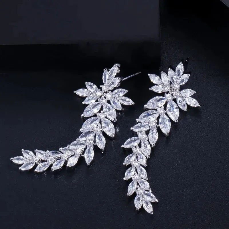 Zircons Sparkling Cubic Zirconia Paved Long Leaf Drop Dangle Wedding Earrings for Women Dinner Party Dress Jewelry