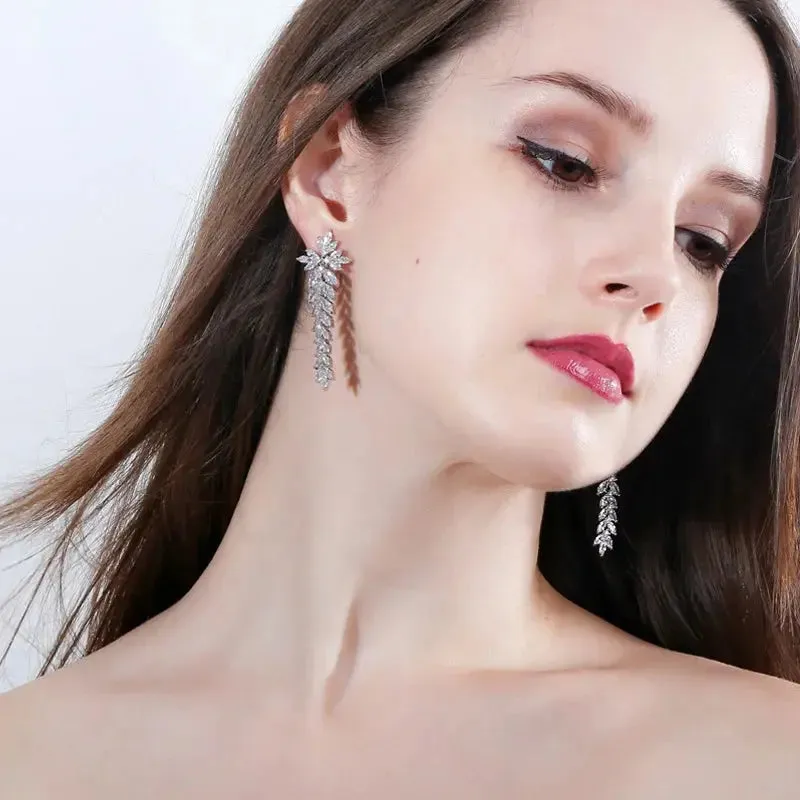 Zircons Sparkling Cubic Zirconia Paved Long Leaf Drop Dangle Wedding Earrings for Women Dinner Party Dress Jewelry
