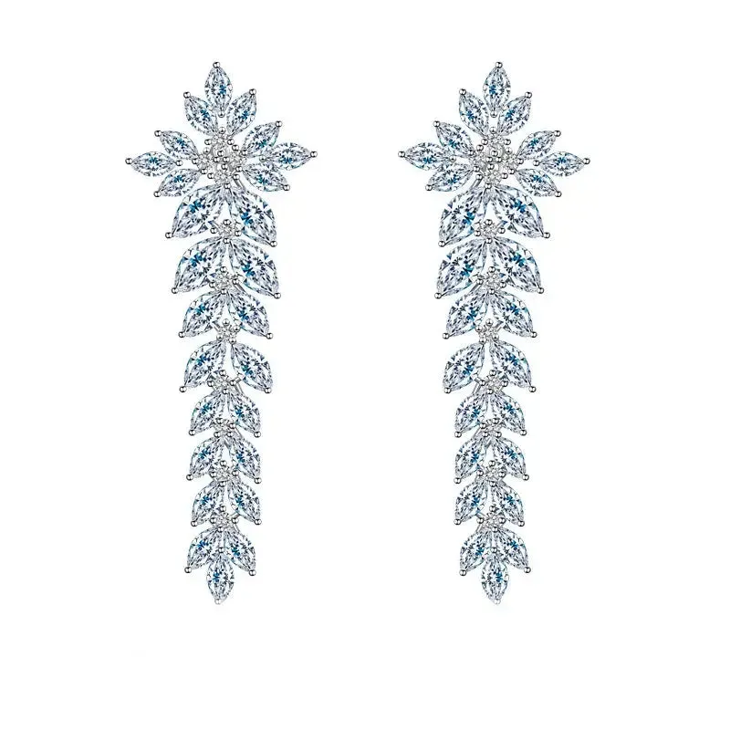 Zircons Sparkling Cubic Zirconia Paved Long Leaf Drop Dangle Wedding Earrings for Women Dinner Party Dress Jewelry