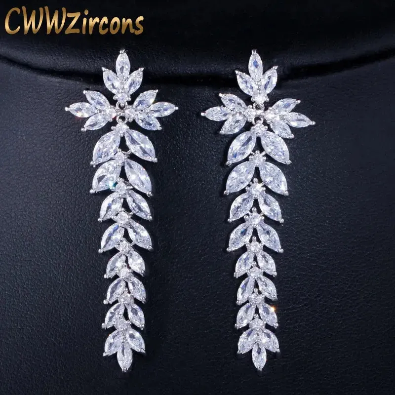 Zircons Sparkling Cubic Zirconia Paved Long Leaf Drop Dangle Wedding Earrings for Women Dinner Party Dress Jewelry