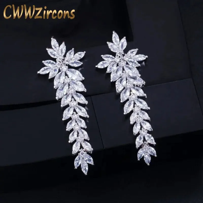 Zircons Sparkling Cubic Zirconia Paved Long Leaf Drop Dangle Wedding Earrings for Women Dinner Party Dress Jewelry