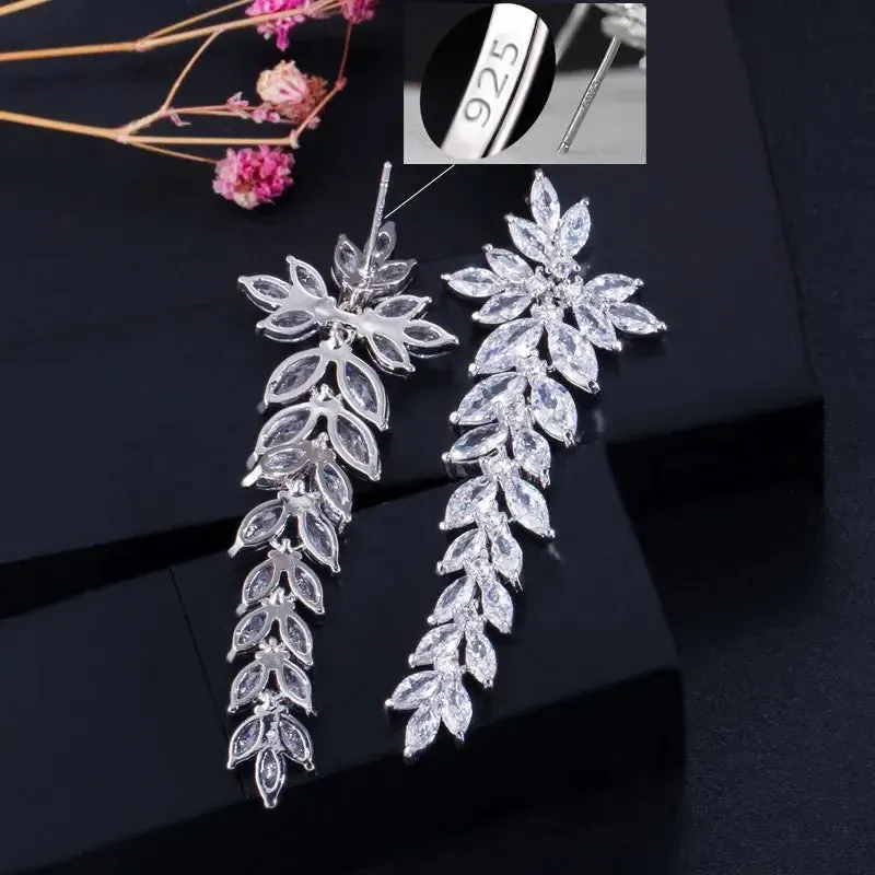 Zircons Sparkling Cubic Zirconia Paved Long Leaf Drop Dangle Wedding Earrings for Women Dinner Party Dress Jewelry
